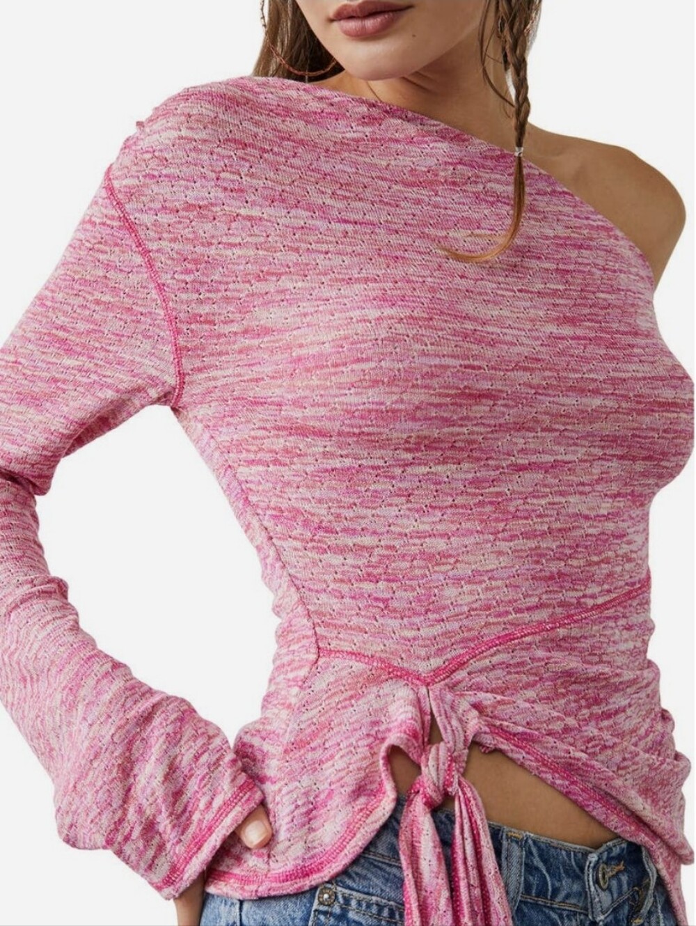 Free People Pink Marled One-Shoulder Tie-Front Top